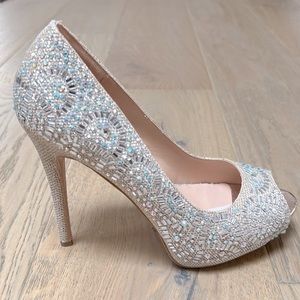 Lauren Lorraine Elissa-2 Gold Rhinestone Peep Toe Stiletto Evening Pumps Size 8